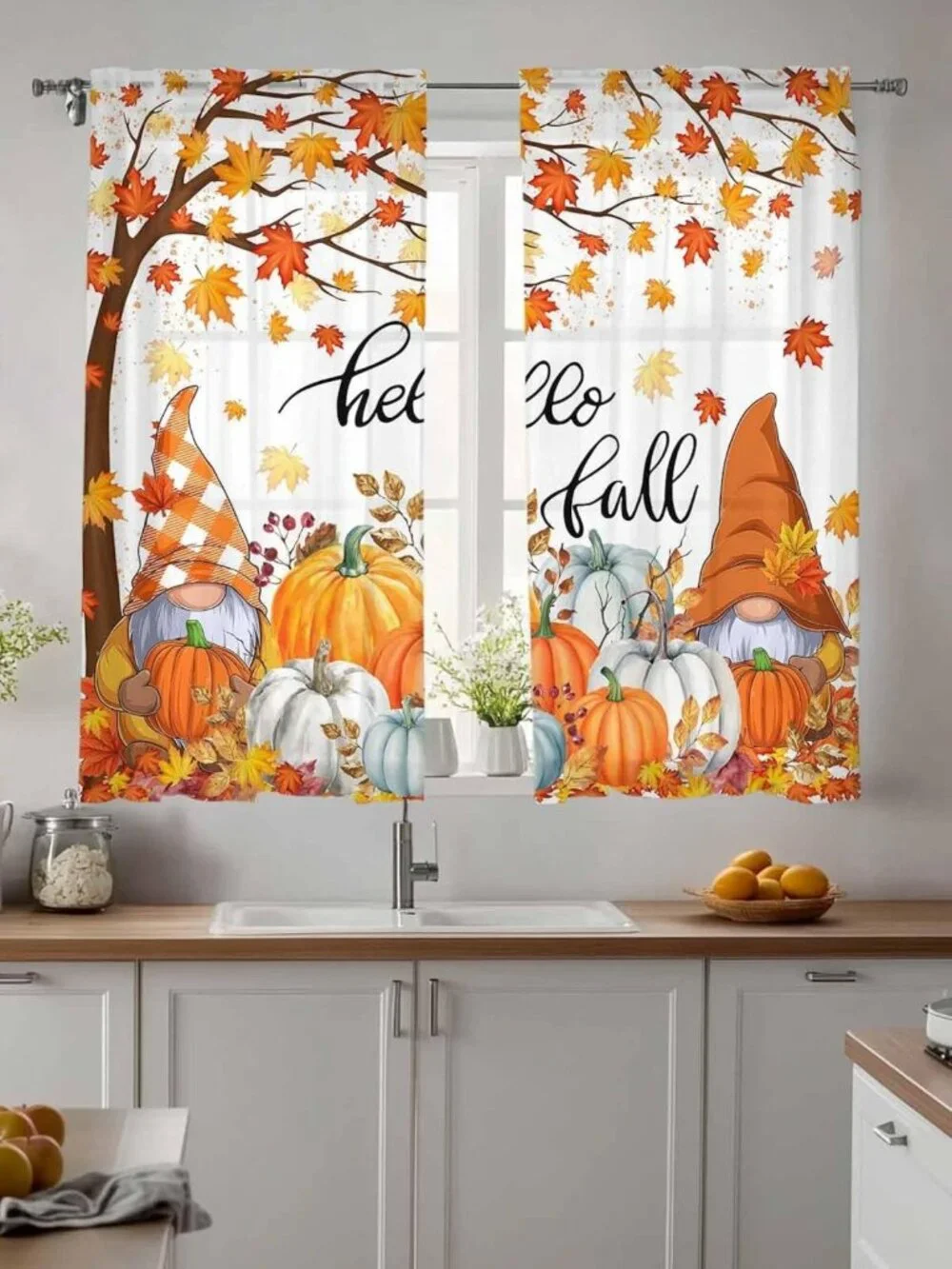 Thanksgiving Gnome Pumpkin Semi-Sheer Curtains, Fall Maple Leaves Drapes, 63